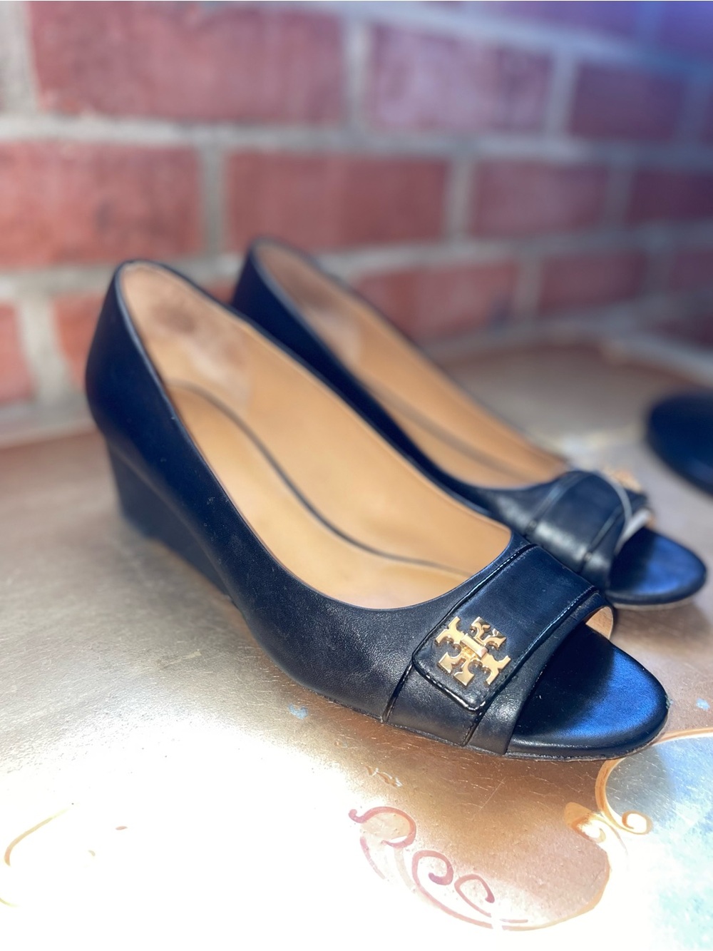 Tory Burch Kira Leather Peep-Toe Wedge Pumps